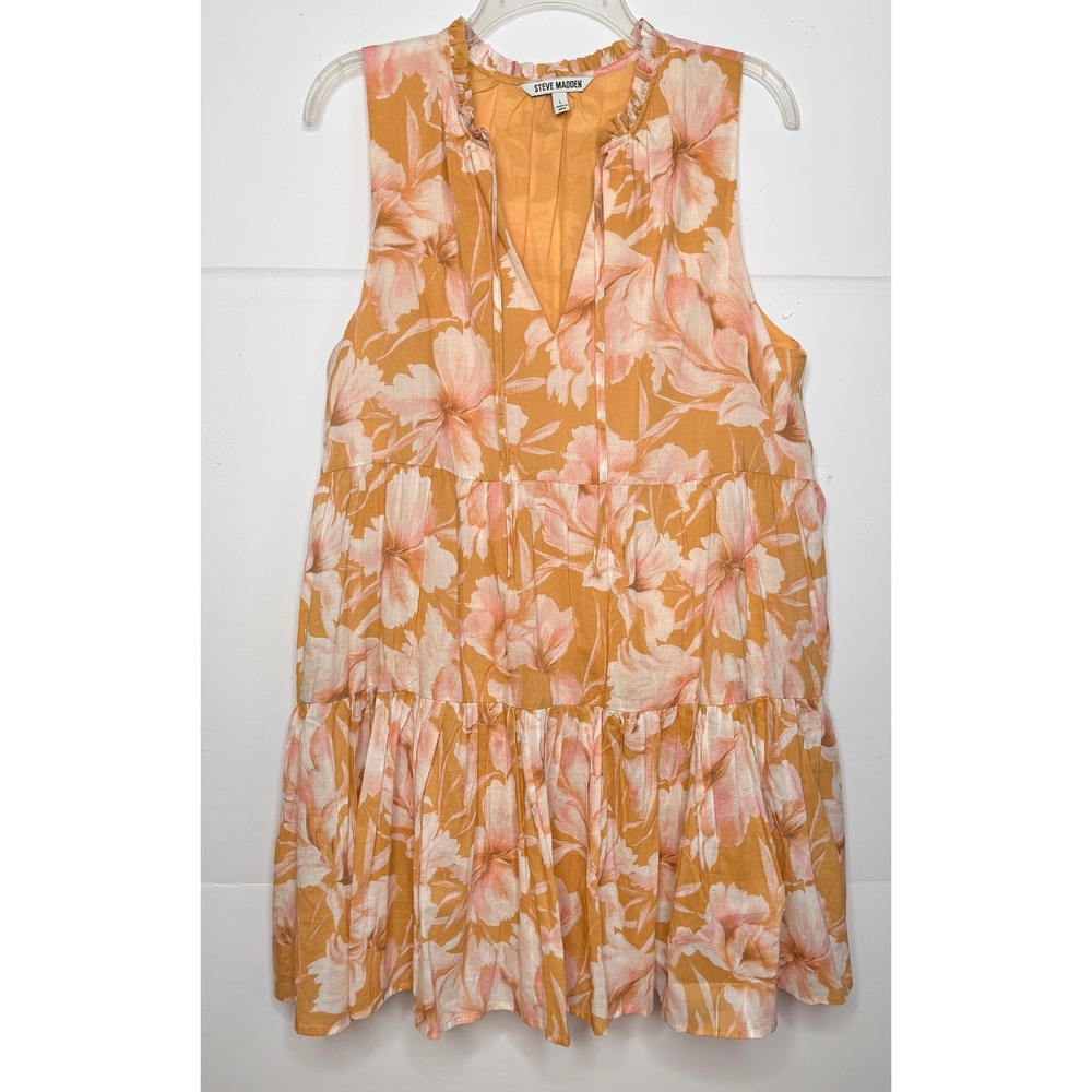 Steve Madden Cotton Babydoll Midi Dress Sz L Peachy Floral Tiered Cottage Beachy - Picture 3 of 8